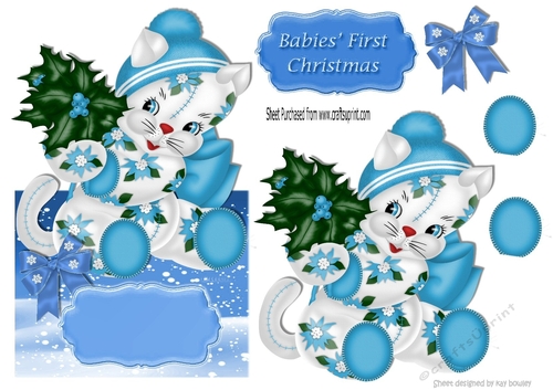 cute kitty in blue with holly and bow over the edge