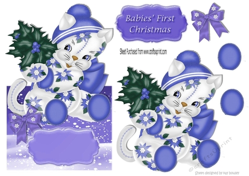 cute kitty in purple with holly and bow over the edge