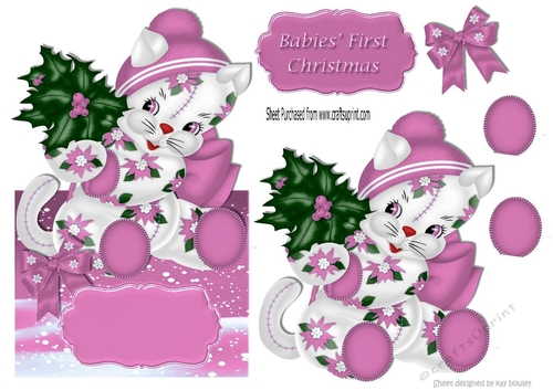 cute kitty in pink with holly and bow over the edge