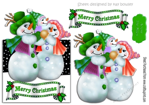 Lovely family of snowmen over the edge in green