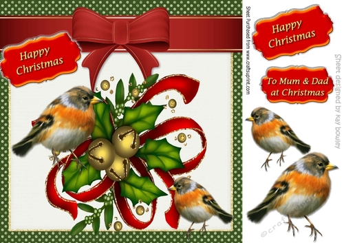 Robins with christmas bells and holly 8x8