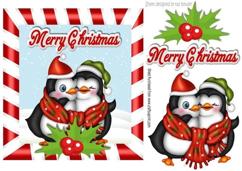 cuddle up! penguins in candy cane frame with holly