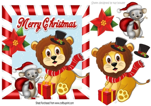 Lovely lion in christmas hat with little mouse & holly