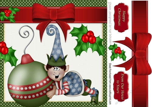 santas elf with bauble and holly with big bow 8x8