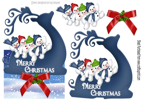 Snowmen riding a reindeer silhouette over the edge
