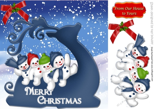 Snowmen riding a reindeer silhouette  in the snow 8x8