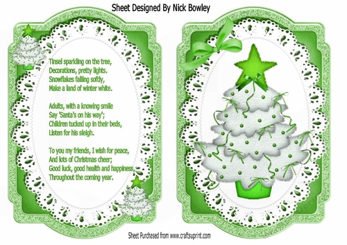 Lovely bracket card front of christmas tree in green on lace with insert