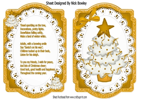 Lovely bracket card front of christmas tree in gold on lace with insert