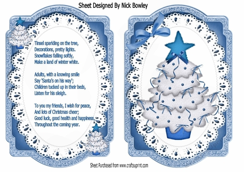 Lovely bracket card front of christmas tree in blue on lace with insert