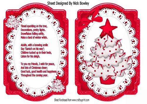 Lovely bracket card front of christmas tree in red on lace with insert