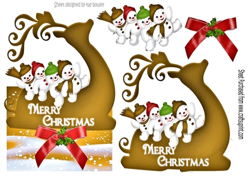 Snowmen riding a gold silhouette reindeer over the edge