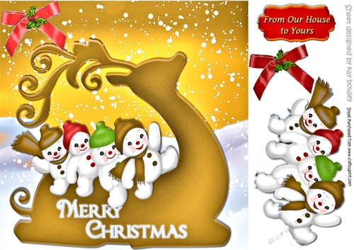 Snowmen riding a  gold silhouette  reindeer in the snow 8x8