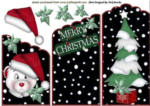 Lovely polar bear  in red santa hat with christmas tree cascading card