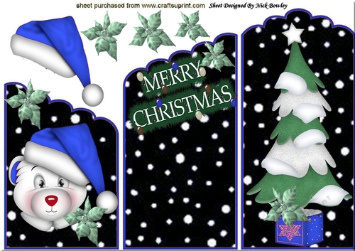 Lovely polar bear  in blue santa hat with christmas tree cascading card