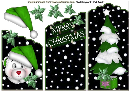 Lovely polar bear  in green santa hat with christmas tree cascading card