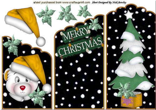 Lovely polar bear  in gold santa hat with christmas tree cascading card