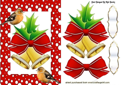 Pretty bells with red bow , holly and robins A5