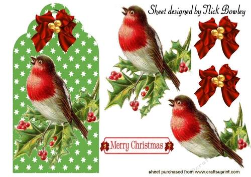 Lovely robin on a tag with holly, bow with baubles