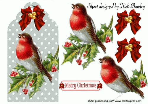 Lovely robin on a silver tag with holly, bow with baubles