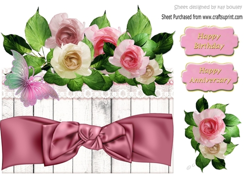 Pretty shades of pink roses on lace with bow, 8x8 over the edge