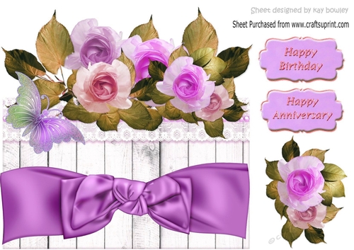Pretty shades of lilac roses on lace with bow, 8x8 over the edge