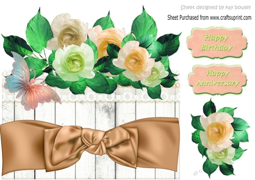 Pretty shades of cream roses on lace with gold  bow, 8x8 over the edge