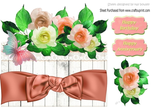 Pretty shades of peach roses on lace with peach bow, 8x8 over the edge