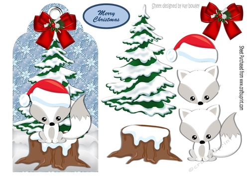 Cute fox in santa hat with christmas tree on a tag