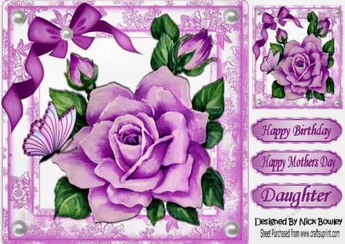 pretty painted big lilac rose, with pearls and butterflies 8x8