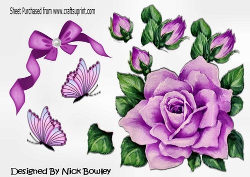 pretty painted big lilac rose, with  bow and butterflies