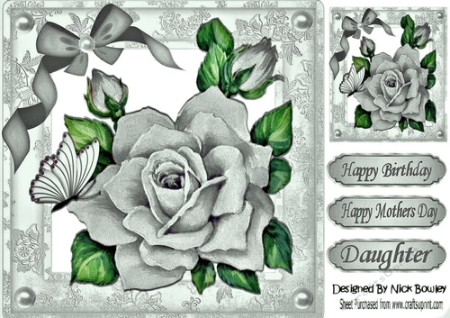 pretty painted big silver rose, with  bow and butterflies