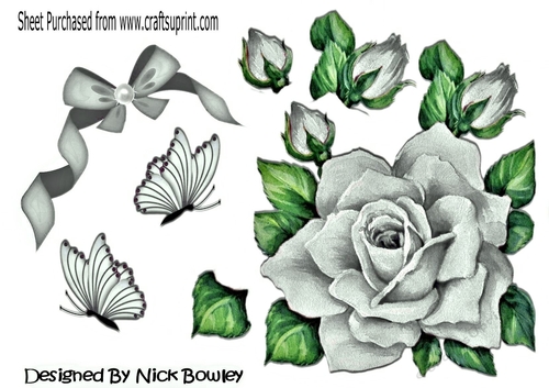 pretty painted big silver rose, with  bow and butterflies