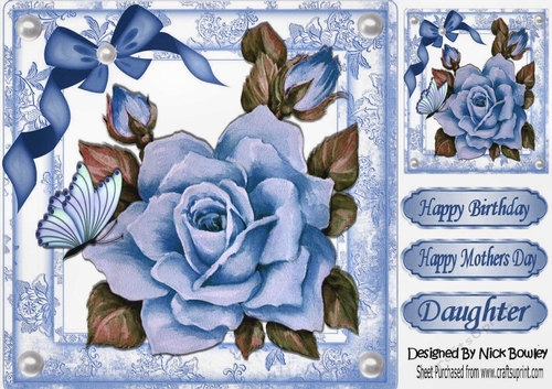 pretty painted big blue rose, with pearls and butterflies 8x8