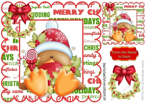 cheeky little robin in festive frame with bow 8x8