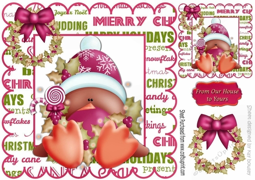 cheeky little robin in pink hat in  festive frame with bow 8x8