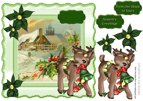 Pretty snow scene with deer and poinsettias 8x8
