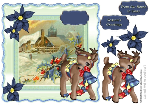 Pretty snow scene with deer and poinsettias in blue 8x8
