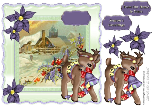 Pretty snow scene with deer and poinsettias in lilac 8x8