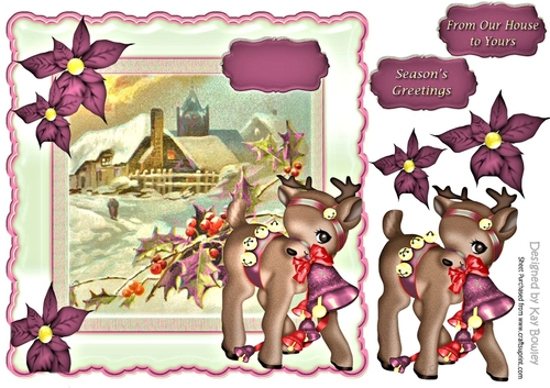 Pretty snow scene with deer and  poinsettias in pink 8x8