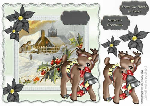 Pretty snow scene with deer and  poinsettias in silver 8x8