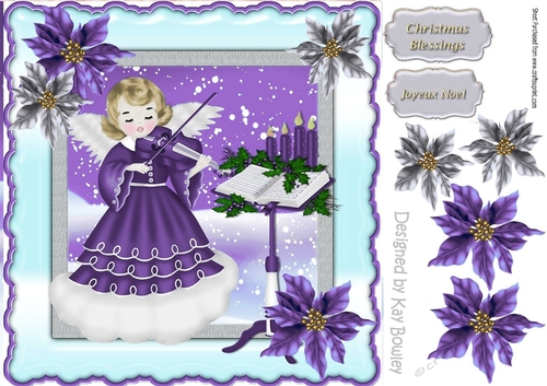 Angel wings carol singing with  purple poinsettias 8x8
