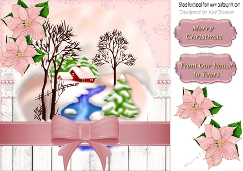 pretty snow scene with pink poinsettias 8x8