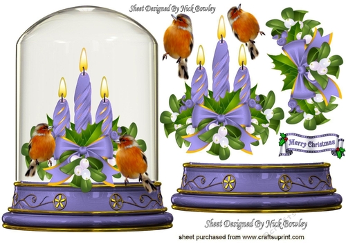 Pretty glass dome with lilac candles and robins