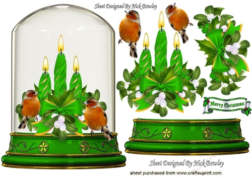 Pretty glass dome with green candles and robins