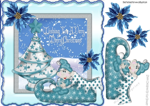 cheeky santas elf in the snow with christmas tree 8x8