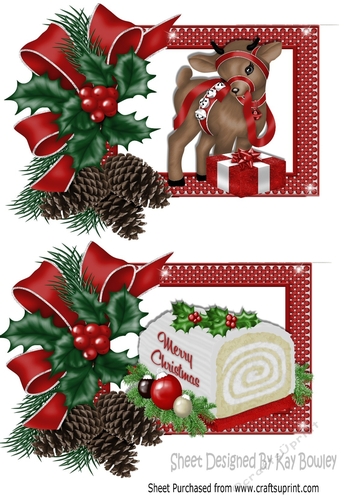 two lovely card fronts , of christmas log, & deer with arrangements