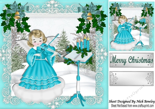 Lovely angel in blue playing her music in the snow 8x8