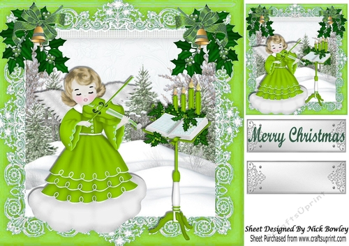 Lovely angel in lime playing her music in the snow 8x8
