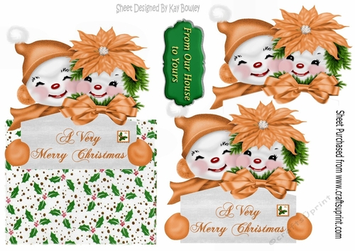 Lovely cuddle up snowmen in gold over the edge