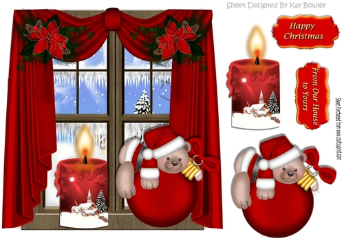Little bear on bauble, with candle , window scene